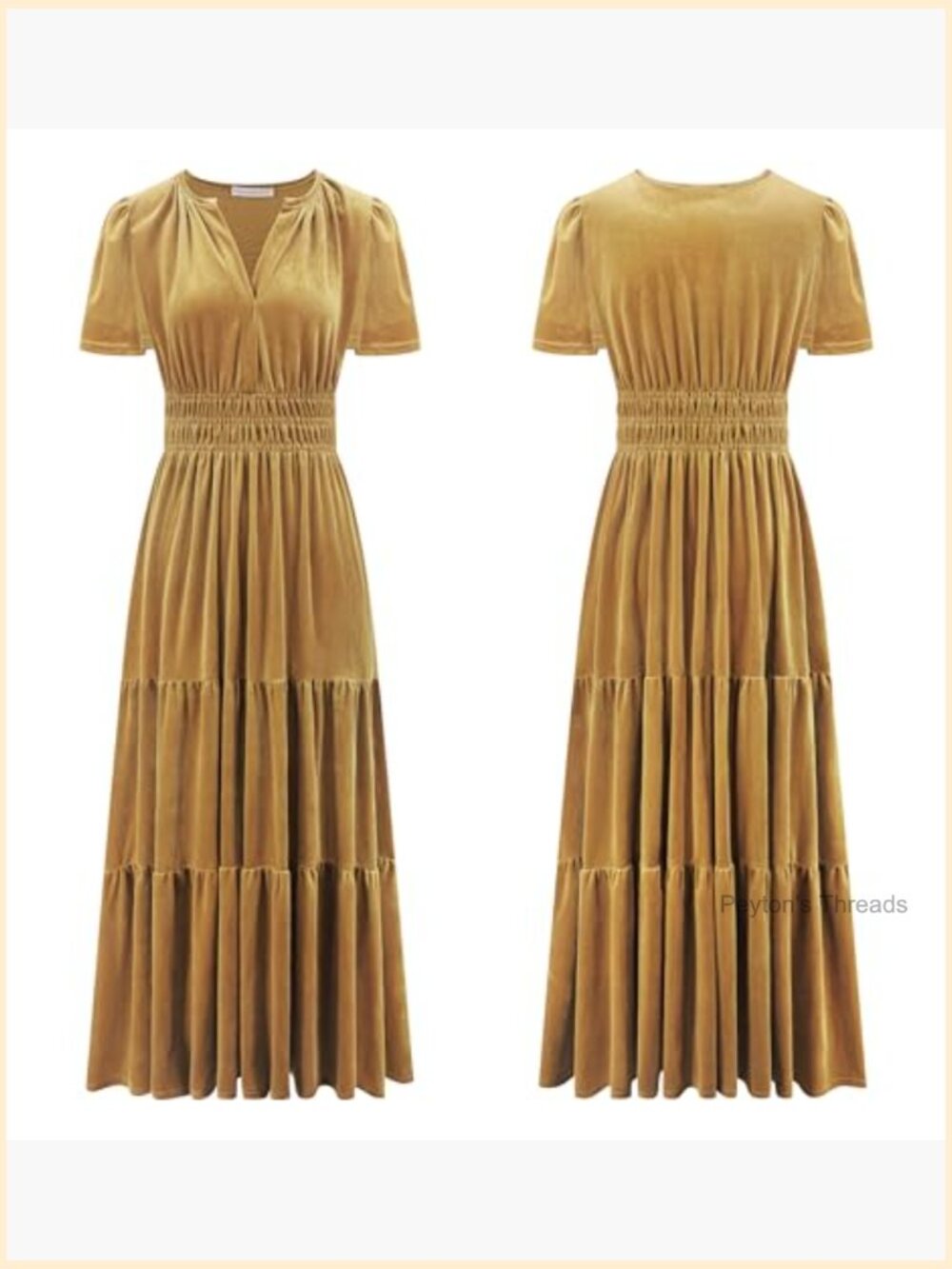Velvet Short Sleeve V Neck Elastic Waist Tiered Ruffle A-Line Flowy Maxi Dress - Picture 6 of 7